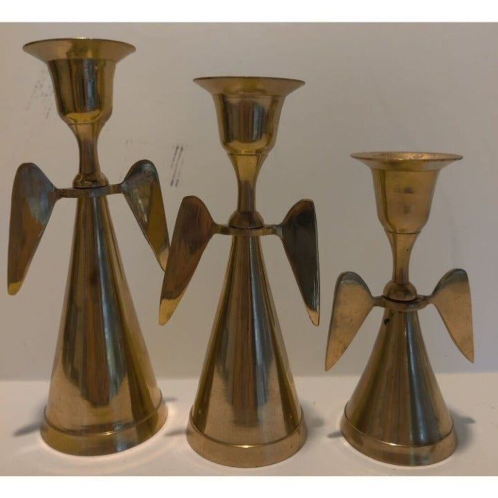 Set of‎ 3 Vintage Solid Brass Goldtone Angel Wing Candle Holders 3.5"-5.5"